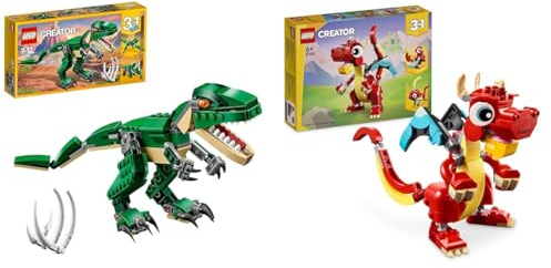 LEGO Creator 3in1 Animal Bundle: Mighty Dinosaurs (31058) & Red Dragon (31145) Building Toys with Phoenix Bird, Triceratops, Pterodactyl, T-Rex and Fish Figures, Gift for 6 Plus year Old Boys & Girls