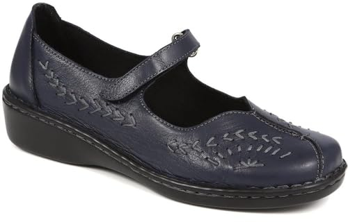 Pavers Women's Touch Fasten Mary Janes in Navy - Shoes with Cut Out Detail and Wider D/E Fit - Elegant Ladies Casual Footwear - Size UK 8 / EU 41