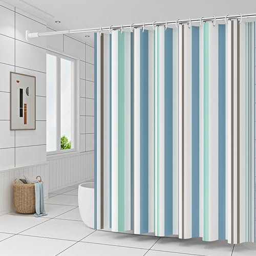 ANAZOZ Duschvorhang 120x200, Blau-Weiß Gestreift, Anti Schimmel PEVA mit Ösen und Ringen