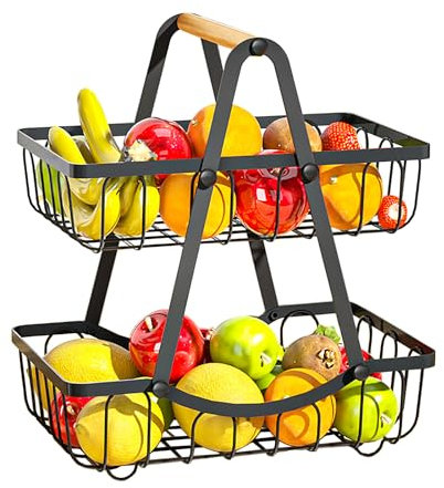 2 Stöckig Obstkorb Etagere, Obstschale Metall Schwarz mit Holzgriff, 2 Etagen Obstschale Moderne für Obst, Gemüse, Snacks, Brot, Küche, Eckregal Stehend Aufbewahrung Küche