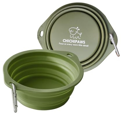 Cuencos para perros para viajes, paquete de 2 cuencos plegables para mascotas, plato portátil de alimentación de mascotas para caminar, estacionar, viajar con 2 mosquetones, sin BPA (verde, grande)
