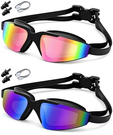 Swimming Goggles, 2-Pack Anti-Fog & UV Protection, 3D Leak-Proof Design with Mirrored Lens, Adjustable Strap for Adults & 10+ Kids, Includes Nose Clips & Earplugs - Perfect for Pool, Beach, Surfing