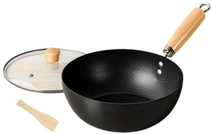 SiaBiced Wok de hierro con tapa y mango de madera para cocinar, 24cm