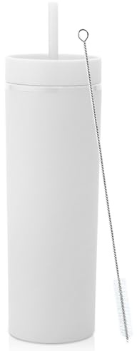 Volhoply 550 ml tunn tumlare i plast, dubbla väggar med lock och sugrör, 20 oz återanvändbar iskaffemugg, BPA-fri matt akrylvattenkoppar med sugrör för fester, gör-det-själv-gåvor (vit, 1 set