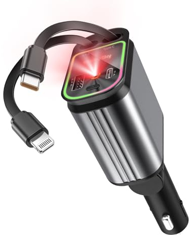 Trongle Chargeur Voiture Retractable Allume Cigare 4-en-1, Chargeur Voiture Retractable USB C à Charge Rapide 66W, Prise Pliable à 180°, Adaptateur Voiture Lumière Étoilée pour iPhone, Samsung