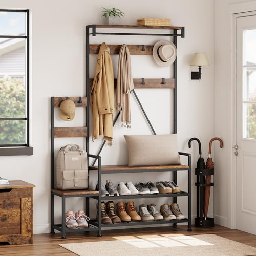 Hapihom Coat Rack with Shoe Storage, Industrial Freestanding Hall Tree with Coat Hooks & Metal Frame, for Hallway, Living Room, Bedroom, Cloakroom 113 x 30 x 180 cm - Retro