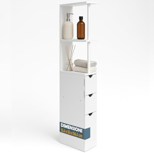 BAKAJI Mobile Bagno Alto Salvaspazio in Legno Bianco, Armadietto Slim con 3 Cassetti e 2 Ripiani, Armadio Multiuso per Ufficio, Studio, Casa, Mobiletto per Interni Design Minimal 33 x 15 x 136 cm