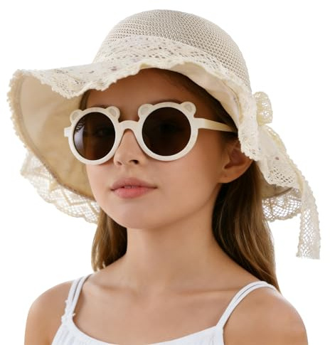 SIQITECH Capeline de Paille Été Fille Chapeau Bob avec Nœud et Lunettes | Paille légère respirante. Bord 11cm. Tour 50-53cm pour 5-10 ans. Lunettes incluses. 3 couleurs. Pour plage et pêche.