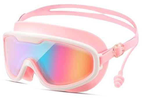 Fonyet Occhiali da immersione per bambini, occhiali da nuoto HD, con tappi per le orecchie e fascia regolabile, occhiali da nuoto grandangolari, anti nebbia, protezione UV con telaio grande, per