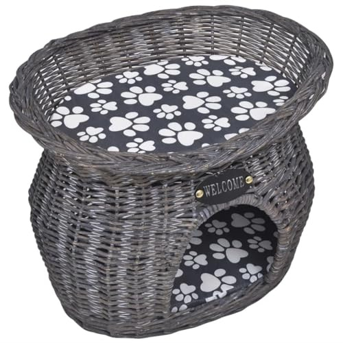 GeenYuu Cuddly cave for cats made of willow with soft cushion, 44 x 33 x 34 cm, grey, cat basket and cat bed for sleeping place, berth, nest, non-slip, fluffy and washable for pets