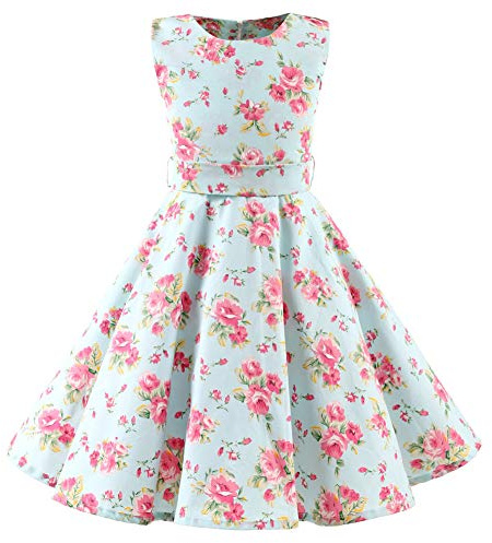 SXSHUN Vestido Vintage de Niñas para Fiesta Vestido Algodón de Verano sin Mangas Cuello Redondo，Flor Verde，134-140
