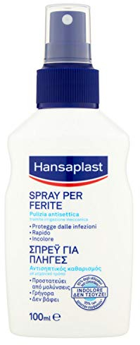 Hansaplast Spray per Ferite 100 ml, Spray ferite per la pulizia antisettica di tagli, abrasioni, scottature e vesciche, Spray per il primo soccorso in casa e all'aperto senza alcool e trasparente