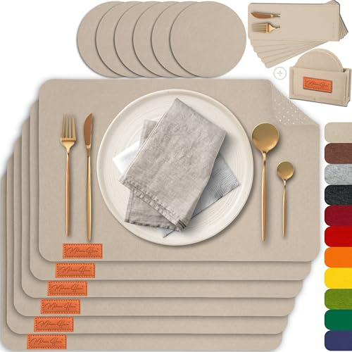 Mahewa® Juego de 6 manteles Individuales de Fieltro Que Incluyen 6 Posavasos de Cristal + 6 Fundas de Fieltro para Cubiertos, de fácil Cuidado, Lavables a máquina, Antideslizantes (Beige)