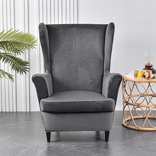 MIFXIN Wing Chair Slipcover 2 Piece Set Velvet Stretch Wingback Chair Cover with Cushion Cover Soft Washable Armchair Furniture Protector for Living Room Bedroom (Dark Grey)