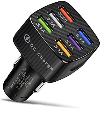 Snabbladdande 6 portar billaddare adapter, QC3.0/3,1 A typ smart shunt cigarettändare USB-laddare kompatibel med iPhone 14 13 12, S22 S21 S20, iPad Pro och alla mobiltelefoner (svart)