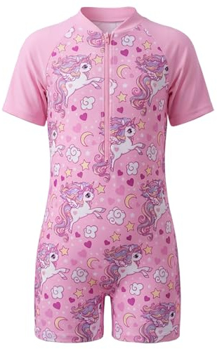 Moneric Girls Swimming Costume Kids One Piece Swimsuit Unicorn Swimwear UV Protection Zipper Bathing Suit Rash Guard Surfing Beachwear Pink Age 5-6 Year
