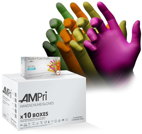 AMPRI Nitrilhandschuhe, bunt, Farbenmix, 10 Box a 96 Stk, Größe XL, puderfrei, Style tutti frutti by Med-Comfort: Nitril Einmalhandschuhe, Einweghandschuhe in den Größen XS, S, M, L, XL