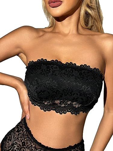 WDIRARA Women's Lace Strapless Bandeau Bra Wireless Non Padded Sleeveless Lingerie Bralettes Black M