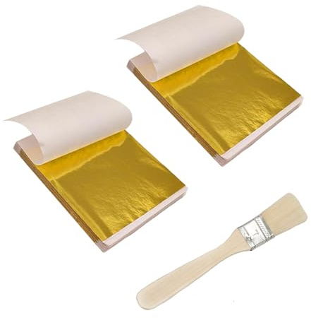 Gold Leaf Sheets, 200 PCS Gold Leaf for Cakes Gilding 8.5 * 8.5cm with Brush for Nail Art & DIY Projects or Home Wall Decoration
