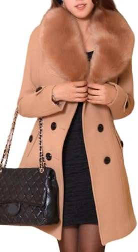 Juankrynord Cappotto Invernale Lungo da Donna Elegante Doppiopetto di Media Lunghezza con Collo in Pelliccia Sintetica Maniche Lunghe con Cintura Trench Invernale (Khaki,M)