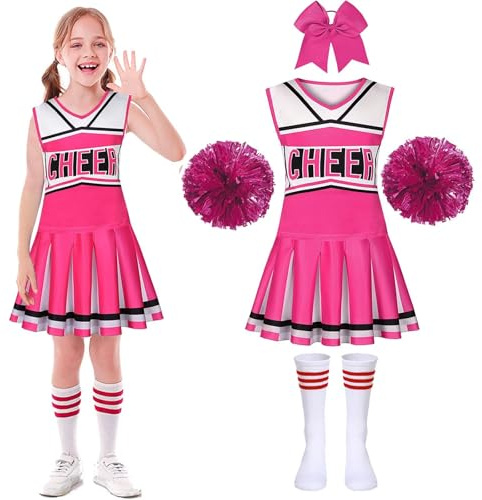 PIXUYE Déguisement Pompom Girl Uniforme de Pompom Girl Fille Costume de Pom-Pom Girl avec Pom Poms Chaussettes Deguisement Cheerleader pour Halloween Carnaval Mascarade, Pink-150