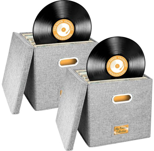 Aolawco 2 PCS 12 inch Vinyl Record Storage Box, CD Storage Case with Lid & Handles, Folding LP Storage Boxes Holds up to 100+ Single Records, Records Organizer for Albums, CDs, Magzine, Files - Grey
