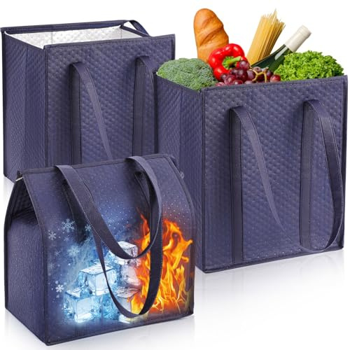 Teenyyou 3 Pcs XL-Large Insulated Grocery Bags with Zippered Top & Handle-Reusable, Thermal, Cooler Tote Shopping Bags(Navy Blue)