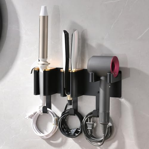 HAVICATO Hair Tool Organizer Wall Mount, Hair Dryer and Curling Iron Storage, Hair Straightener Wall Holder, 3 in 1 Vanity Organizer, Aluminum Alloy (Hair Tools Not Included)