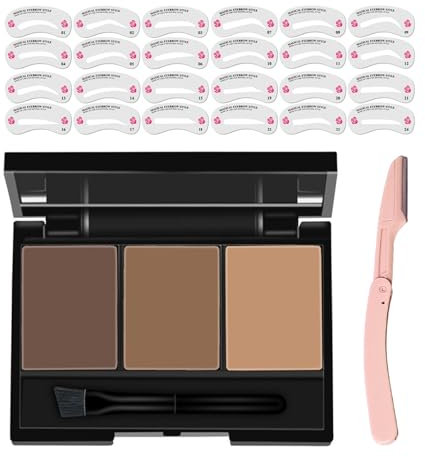 Eyebrow Powder Stamp Stencils and Shaping Kit for Woman Waterproof Ash Brown for Blonde, with 24 Reusable Eyebrow Stencils, One Eyebrow Knife (brown)