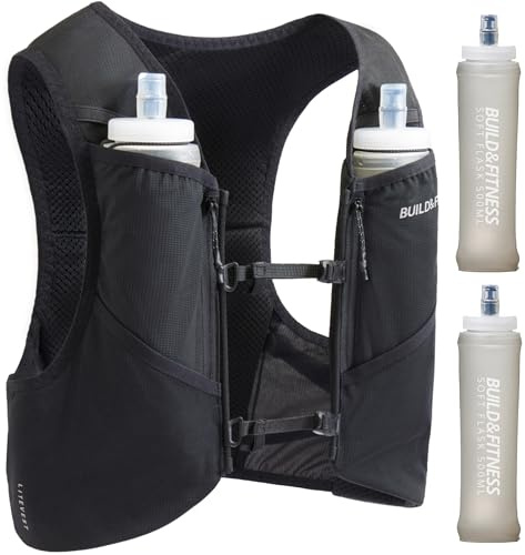 Build & Fitness LITEVEST Running Vest with 2X 500ml Soft Flasks – 7 Pockets, Lightweight, Breathable Hydration Vest – Premium, Secure, Comfort & Style for Training, Trails, Marathons & Everyday Runs