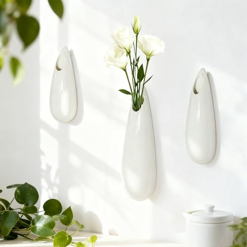 JIDOFUE Hängande keramiska väggvaser, set med 3, väggväxthållare, kubisk modern dekor, väggväxthållare, vas för inomhusväxter, hängande blomkrukor för luftvaser, vit