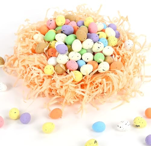 Jxfanstaw Mini Easter Eggs Small Foam Decorative Eggs Bulk 200 Pcs Tiny Pastel Speckled Easter Egg Vase Filler with 0.7 Oz Raffia Grass for DIY Crafts Basket Stuffers Assorted 0.6 x 0.7 Inch