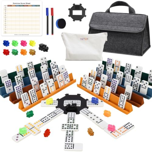 NiToy Mexican Train Dominoes Set, Double 12, 8 Silicone Racks, 91 Tiles