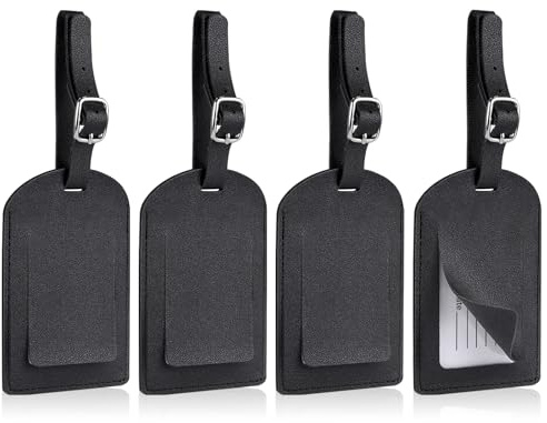 Redamancy Etiquette Valise, Etiquette Bagage en Pu Cuir, Etiquette Valise Voyage, avec Carte pour Informations Personnelles, pour Sac de Voyage Valise Sacs à dos (noir*4)