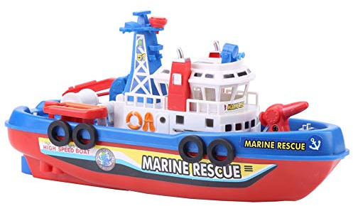 Luocute Jouet de Bateau-Pompier, Modèle de Bateau à Pulvérisation d'eau Automatique avec Son et Lumière Flash, Jouet de Bain électrique pour Enfants avec Station de Commande Amovible, pour Baignoire,
