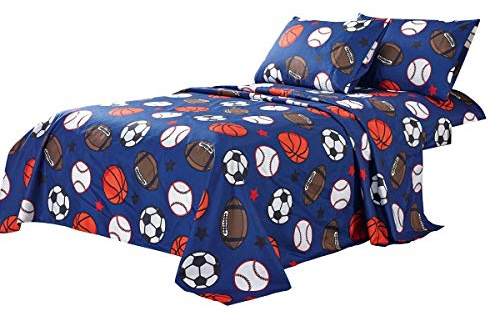 WPM 3 Piece Blue Twin Size Sheet Set with Flat and Fitted Sheets, Pillow sham. Football Soccer Baseball Basketball Print Sports Design Bedding(Football, Twin Sheet Set)
