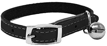 Cat Collar Real Leather with Safety Elastic, Bell, Available (Black)
