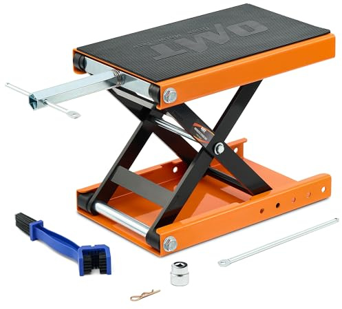 Orion Motor Tech Motorcycle Lift, 1100lb Scissor Lift Jack with Wide Deck T Handle 3/8 Socket, Motorcycle Center Stand with Chain Brush, Crank Hoist Stand for ATV Dirt Bike Cruiser, Orange