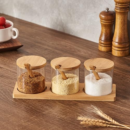 ORNAMI 3-Piece Bamboo and Glass Kitchen Jar Set with Serving Spoons and Tray, Trio Canister Set for Tea, Coffee and Hot Chocolate (Round)