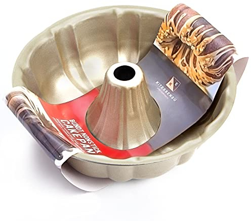 KITESSENSU 9 inch Non-Stick Cake Pans, 12 Cups Premium Fluted Cake Pans for baking, Heavy Duty Carbon Steel Tube Pan Baking Mold, Champagne Gold