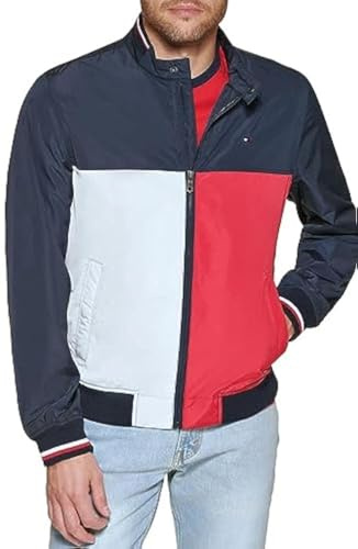 Tommy Hilfiger Bomber da uomo leggero Varsity Rib Knit Shell, Mezzanotte/Ghiaccio/Rosso, S