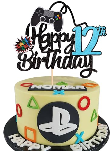 1 Stück 12th Videospiel Tortendeko Glitter Geburtstag Cake Topper Gaming Happy Birthday Kuchen Deko Videospiel Thema Cake Dekoration für Jungen Kindergeburtstag Spiel Thema Party Dekoration Blau