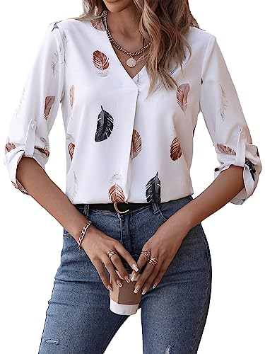 GORGLITTER Elegante Bluse Damen V-Ausschnitt Mit Knöpfen 3/4 Arm Blusenshirt Oberteil Mit Federn Weiß L