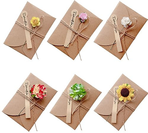 6 Stück Grußkarte Set Blanko Handgemachte Retro Kraftpapier Karte und Umschlag Blanko mit Getrocknete Blumen für Erntedankfest Valentinstag Muttertag Blumen & Jute Twine 7,1cm x 10,5cm
