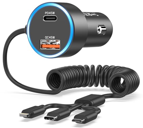 Zigarettenanzünder USB C Adapter 90W, Auto Ladegerät Zigarettenanzünder Stecker PD45W&QC45W Kfz Ladegerät USB C Autoladegerät mit 3 in 1 Spiral Ladekabel für iPhone 15 Pro Max/14/13/12,Samsung S23/S22