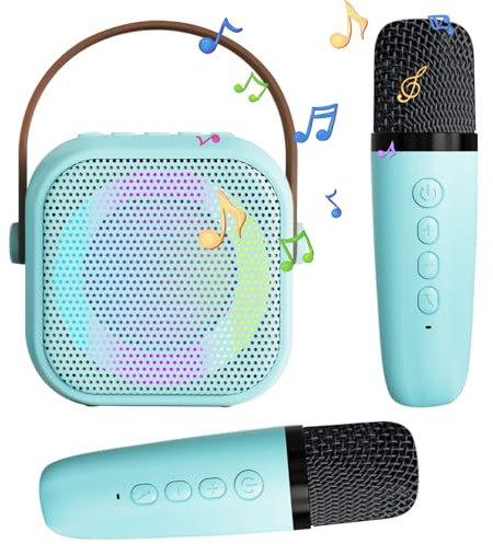 Karaoke für Kinder, Karaoke mit Mikrofon, Bluetooth-Mikrofon mit 2 Mikrofonen, tragbares Karaoke-Mikrofon mit Sprachwechsel und LED-Lichtern, Bluetooth-Lautsprecher mit Mikrofon (Blau)