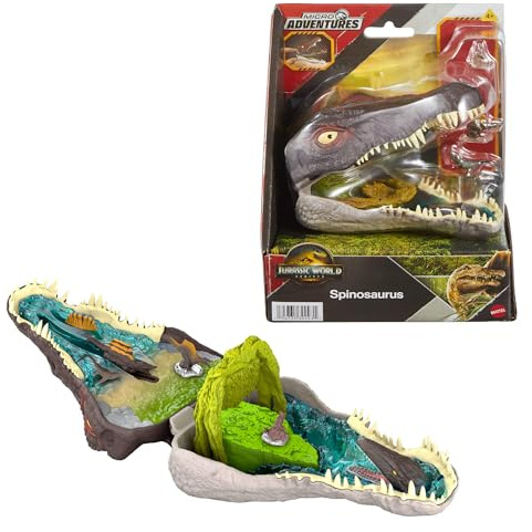 Mattel Jurassic World: El Renacer, Conjunto de juego Mini, la cabeza del Spinosaurio se abre, 4 funciones interactivas, 3 Micro figuras, Dinosaurio de juguete, JGB98