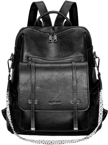 Leathario Rucksakck Damen Wasserdicht,Veganes Leder Cityrucksack,Rucksackhandtasche Mittelgroß, Diebstahlsich Tagesrucksack für Büro,Pendeln,Arbeit,Leicht Elegant Backpack Women Groß für Reise,Schwarz