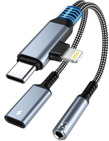 Lightning 2 in 1 + USB-C a 3,5 mm, adattatore Jack per cuffie e ricarica, ricarica rapida da 60 W, tipo C 3,5 mm, HiFi audio adapter per iPhone 16/15/14/13, Samsung S25, iPad, Tablet, Laptop