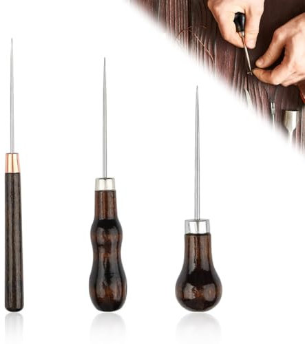3 Stück Ahle, Ahle Lochmacher Werkzeug,Werkzeug Nähen Ahle, Aale Werkzeug,mit Holzgriff Leder Werkzeug Nähen Vorstecher Holz Stichel,DIY-Handwerkzeug Lederhandwerk, Lederbohrer für Lederarbeiten